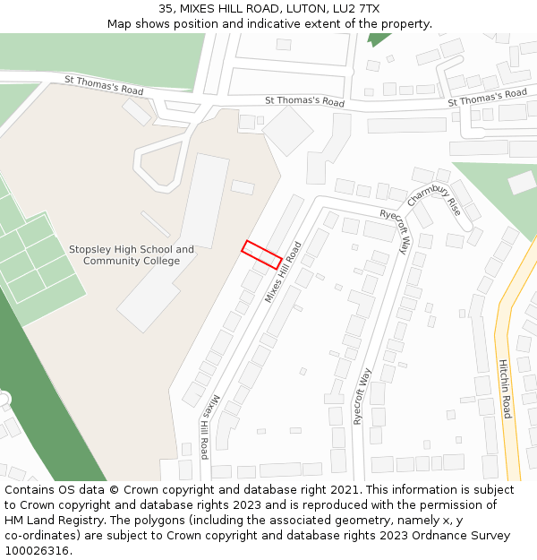 35, MIXES HILL ROAD, LUTON, LU2 7TX: Location map and indicative extent of plot