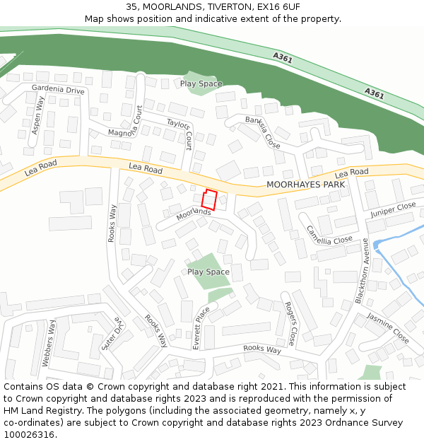 35, MOORLANDS, TIVERTON, EX16 6UF: Location map and indicative extent of plot