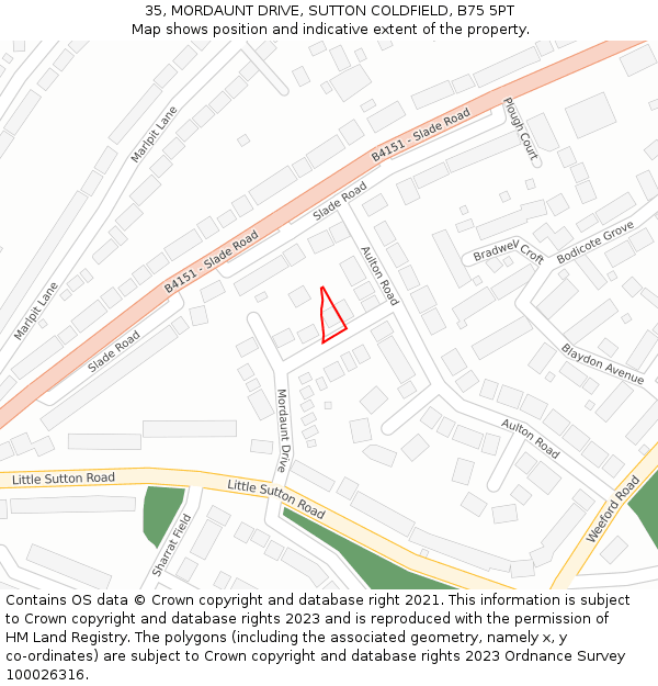 35, MORDAUNT DRIVE, SUTTON COLDFIELD, B75 5PT: Location map and indicative extent of plot