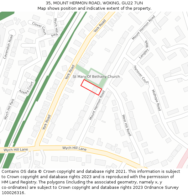 35, MOUNT HERMON ROAD, WOKING, GU22 7UN: Location map and indicative extent of plot