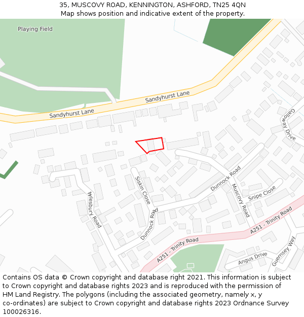 35, MUSCOVY ROAD, KENNINGTON, ASHFORD, TN25 4QN: Location map and indicative extent of plot