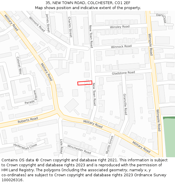 35, NEW TOWN ROAD, COLCHESTER, CO1 2EF: Location map and indicative extent of plot