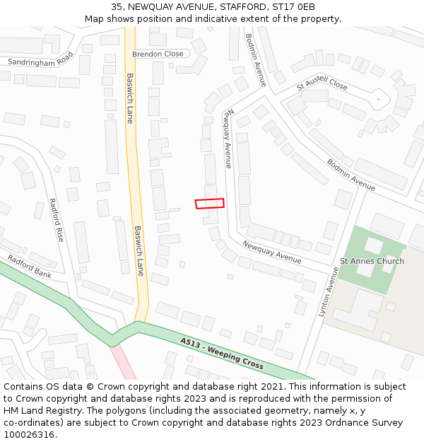 35, NEWQUAY AVENUE, STAFFORD, ST17 0EB: Location map and indicative extent of plot