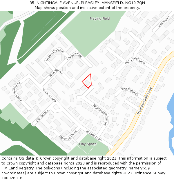 35, NIGHTINGALE AVENUE, PLEASLEY, MANSFIELD, NG19 7QN: Location map and indicative extent of plot