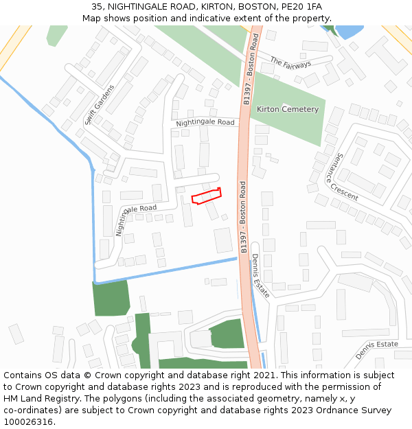 35, NIGHTINGALE ROAD, KIRTON, BOSTON, PE20 1FA: Location map and indicative extent of plot