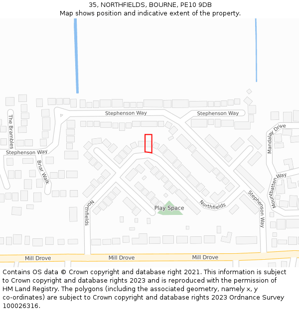 35, NORTHFIELDS, BOURNE, PE10 9DB: Location map and indicative extent of plot