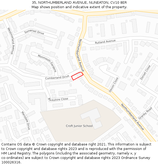 35, NORTHUMBERLAND AVENUE, NUNEATON, CV10 8ER: Location map and indicative extent of plot
