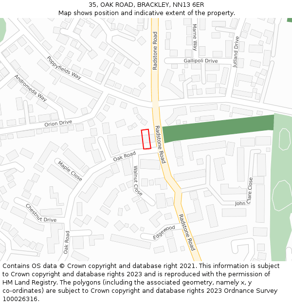 35, OAK ROAD, BRACKLEY, NN13 6ER: Location map and indicative extent of plot
