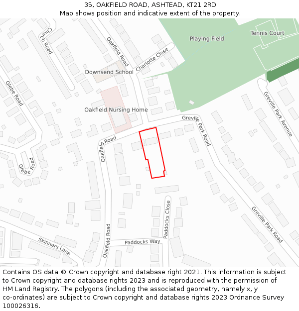 35, OAKFIELD ROAD, ASHTEAD, KT21 2RD: Location map and indicative extent of plot