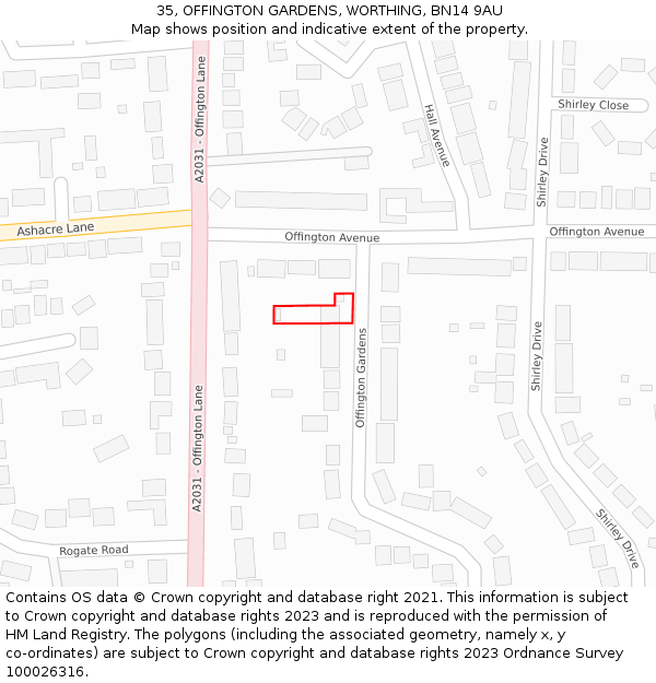 35, OFFINGTON GARDENS, WORTHING, BN14 9AU: Location map and indicative extent of plot