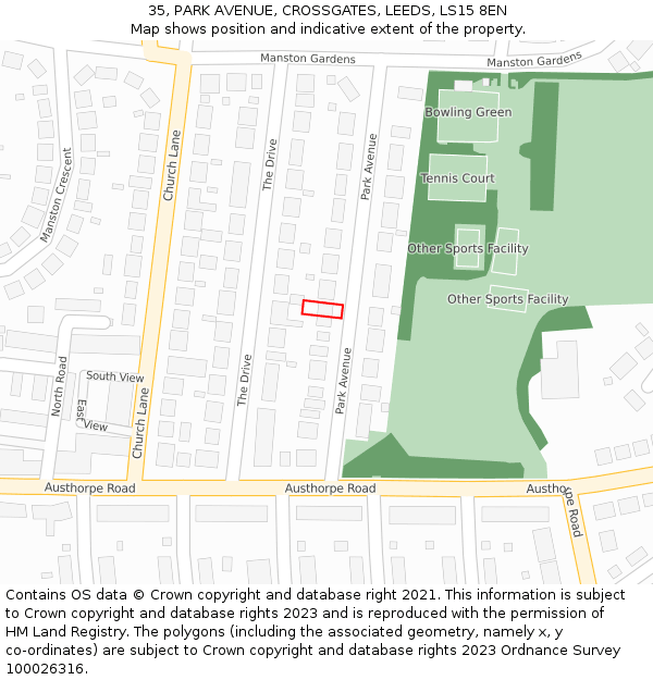 35, PARK AVENUE, CROSSGATES, LEEDS, LS15 8EN: Location map and indicative extent of plot