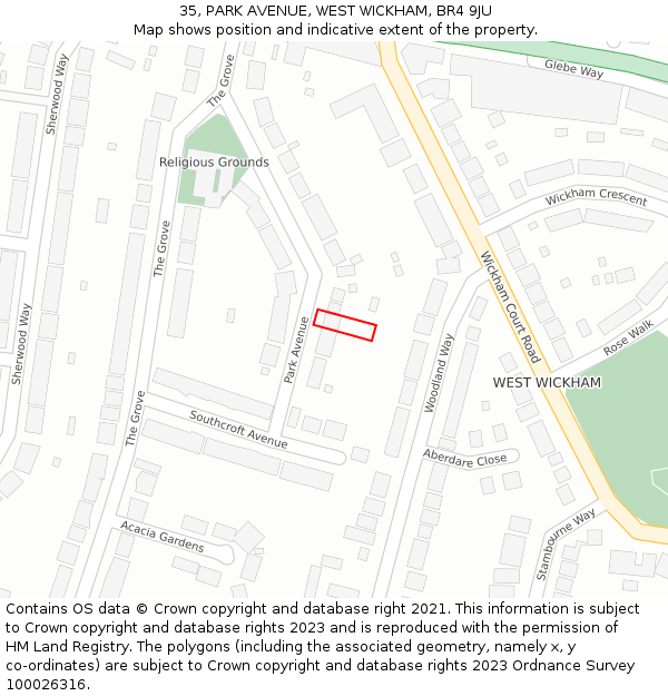 35, PARK AVENUE, WEST WICKHAM, BR4 9JU: Location map and indicative extent of plot