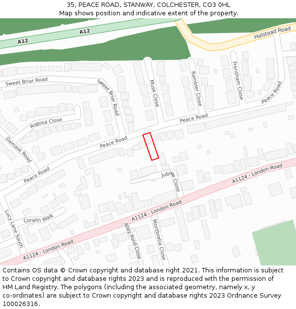 35, PEACE ROAD, STANWAY, COLCHESTER, CO3 0HL: Location map and indicative extent of plot