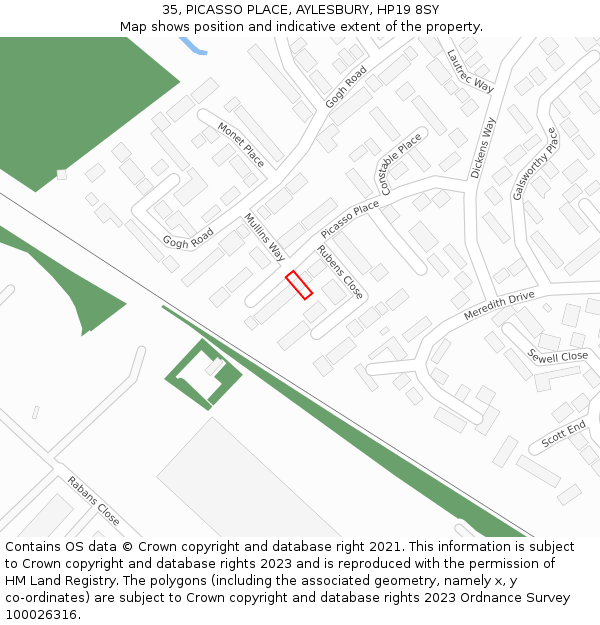 35, PICASSO PLACE, AYLESBURY, HP19 8SY: Location map and indicative extent of plot
