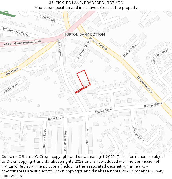 35, PICKLES LANE, BRADFORD, BD7 4DN: Location map and indicative extent of plot