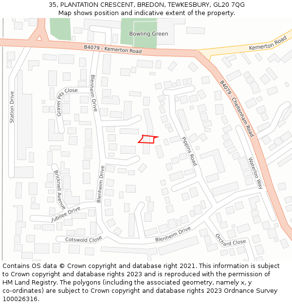 35, PLANTATION CRESCENT, BREDON, TEWKESBURY, GL20 7QG: Location map and indicative extent of plot