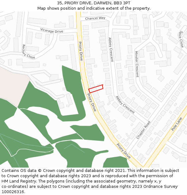 35, PRIORY DRIVE, DARWEN, BB3 3PT: Location map and indicative extent of plot