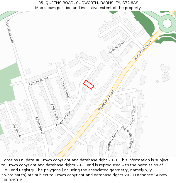 35, QUEENS ROAD, CUDWORTH, BARNSLEY, S72 8AS: Location map and indicative extent of plot