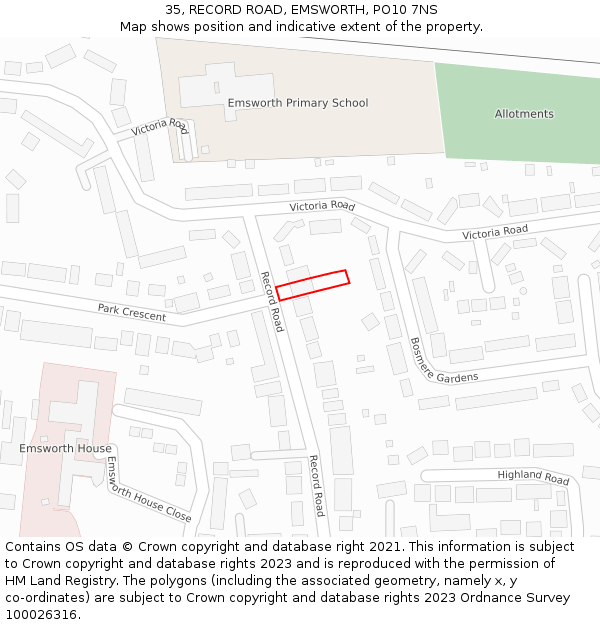 35, RECORD ROAD, EMSWORTH, PO10 7NS: Location map and indicative extent of plot