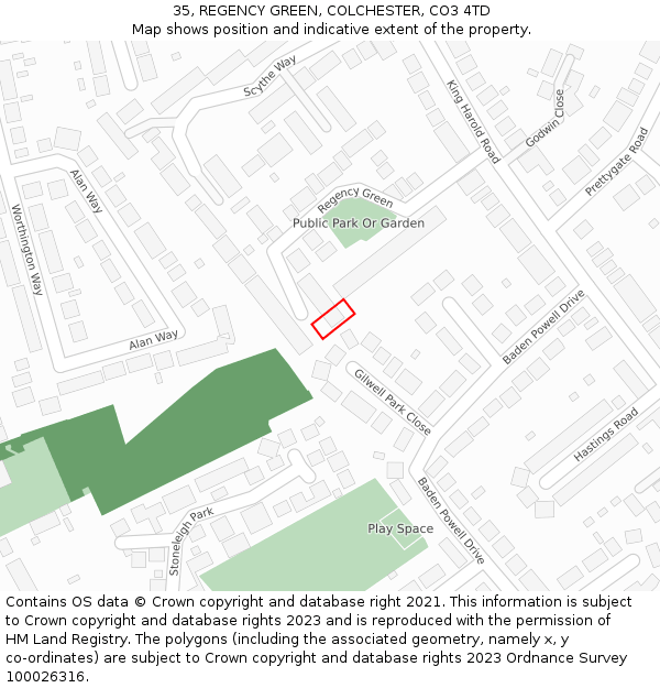 35, REGENCY GREEN, COLCHESTER, CO3 4TD: Location map and indicative extent of plot