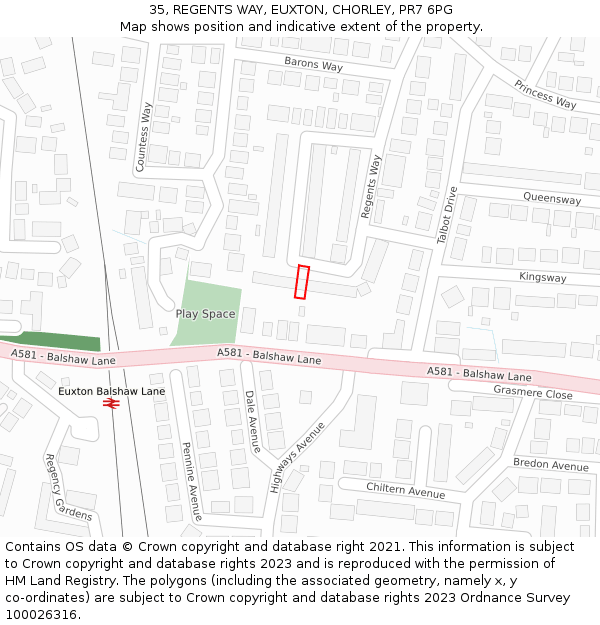 35, REGENTS WAY, EUXTON, CHORLEY, PR7 6PG: Location map and indicative extent of plot
