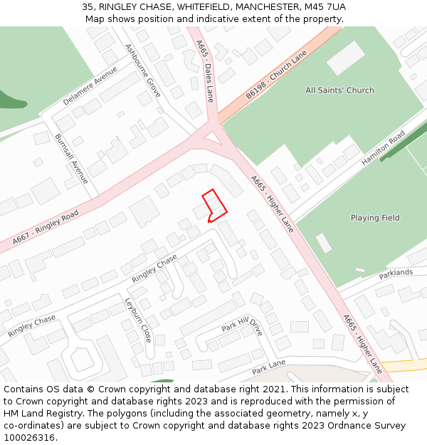 35, RINGLEY CHASE, WHITEFIELD, MANCHESTER, M45 7UA: Location map and indicative extent of plot