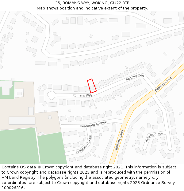 35, ROMANS WAY, WOKING, GU22 8TR: Location map and indicative extent of plot