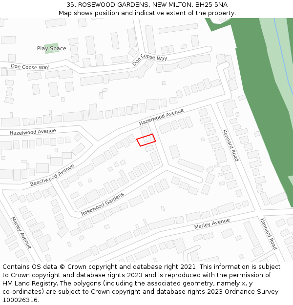 35, ROSEWOOD GARDENS, NEW MILTON, BH25 5NA: Location map and indicative extent of plot