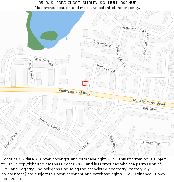 35, RUSHFORD CLOSE, SHIRLEY, SOLIHULL, B90 4UF: Location map and indicative extent of plot