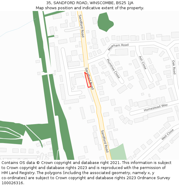 35, SANDFORD ROAD, WINSCOMBE, BS25 1JA: Location map and indicative extent of plot