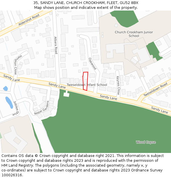 35, SANDY LANE, CHURCH CROOKHAM, FLEET, GU52 8BX: Location map and indicative extent of plot