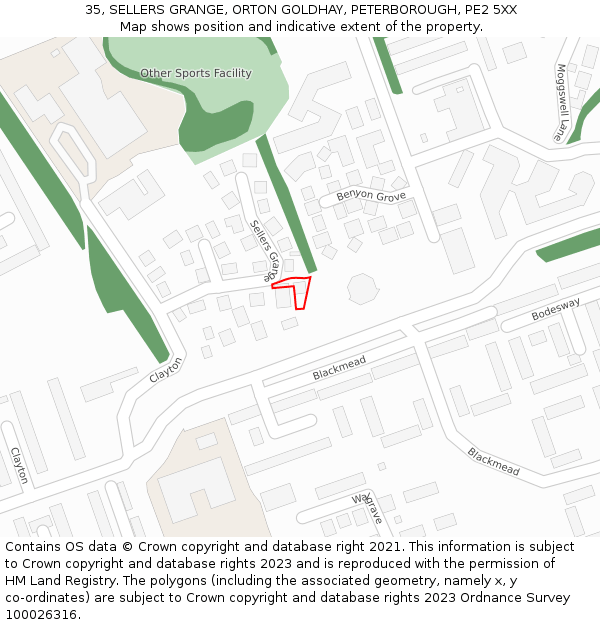 35, SELLERS GRANGE, ORTON GOLDHAY, PETERBOROUGH, PE2 5XX: Location map and indicative extent of plot
