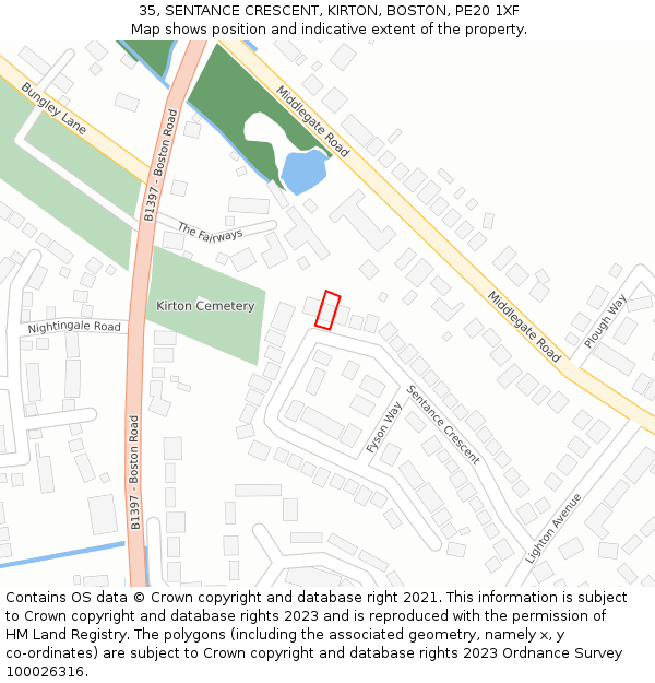 35, SENTANCE CRESCENT, KIRTON, BOSTON, PE20 1XF: Location map and indicative extent of plot