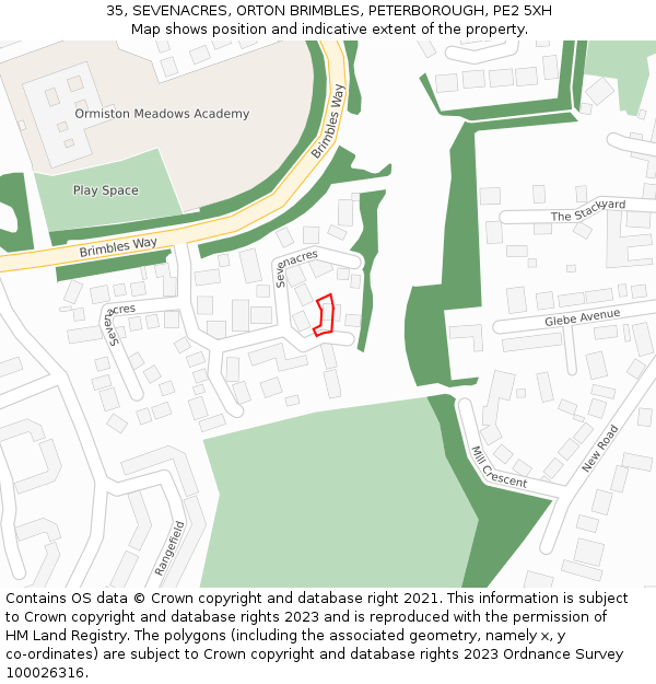 35, SEVENACRES, ORTON BRIMBLES, PETERBOROUGH, PE2 5XH: Location map and indicative extent of plot