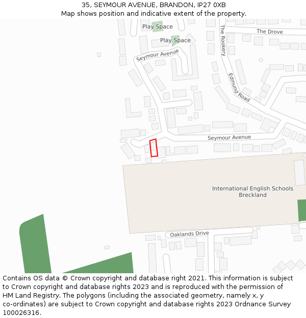 35, SEYMOUR AVENUE, BRANDON, IP27 0XB: Location map and indicative extent of plot