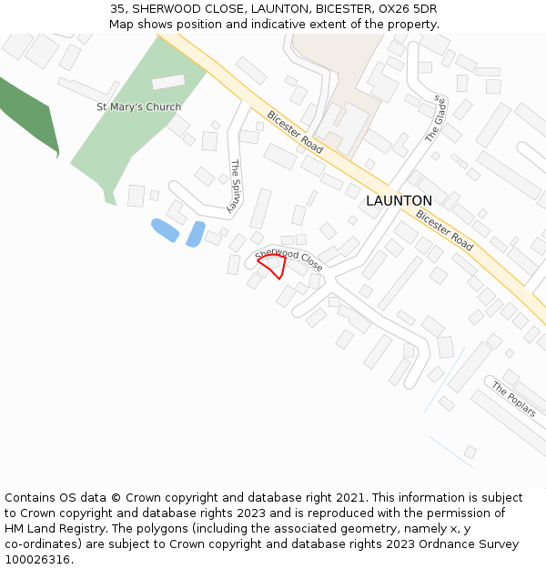 35, SHERWOOD CLOSE, LAUNTON, BICESTER, OX26 5DR: Location map and indicative extent of plot