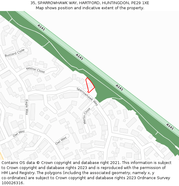 35, SPARROWHAWK WAY, HARTFORD, HUNTINGDON, PE29 1XE: Location map and indicative extent of plot