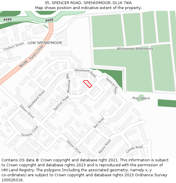 35, SPENCER ROAD, SPENNYMOOR, DL16 7WA: Location map and indicative extent of plot