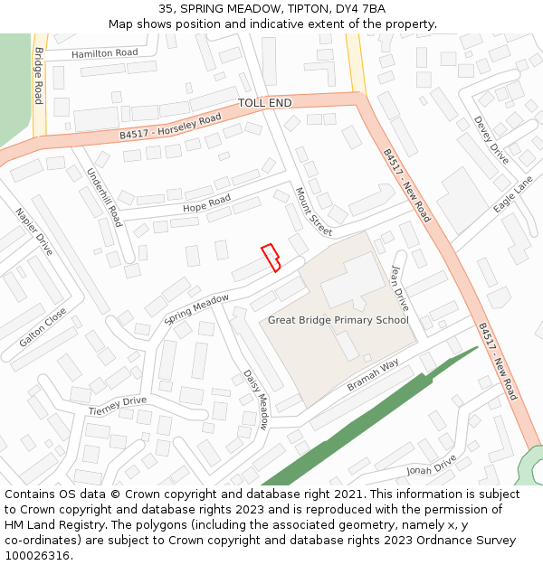 35, SPRING MEADOW, TIPTON, DY4 7BA: Location map and indicative extent of plot