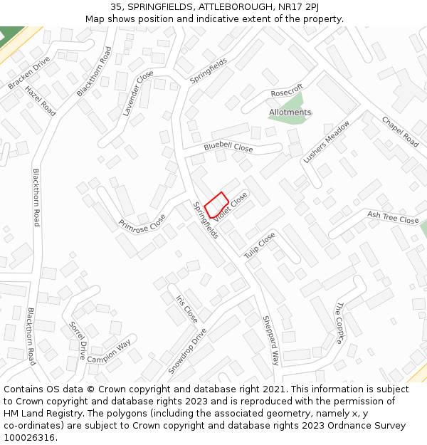 35, SPRINGFIELDS, ATTLEBOROUGH, NR17 2PJ: Location map and indicative extent of plot