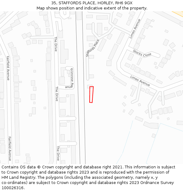 35, STAFFORDS PLACE, HORLEY, RH6 9GX: Location map and indicative extent of plot