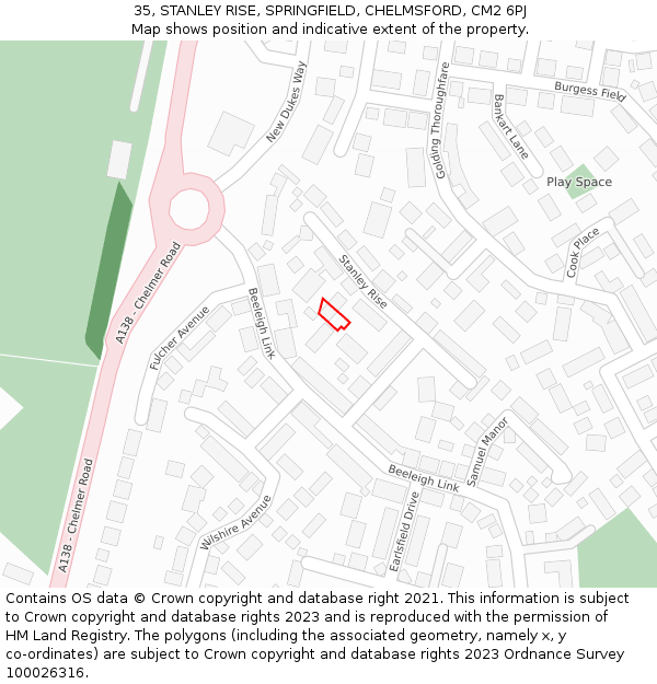 35, STANLEY RISE, SPRINGFIELD, CHELMSFORD, CM2 6PJ: Location map and indicative extent of plot