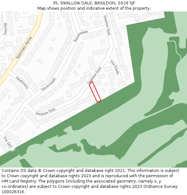 35, SWALLOW DALE, BASILDON, SS16 5JF: Location map and indicative extent of plot