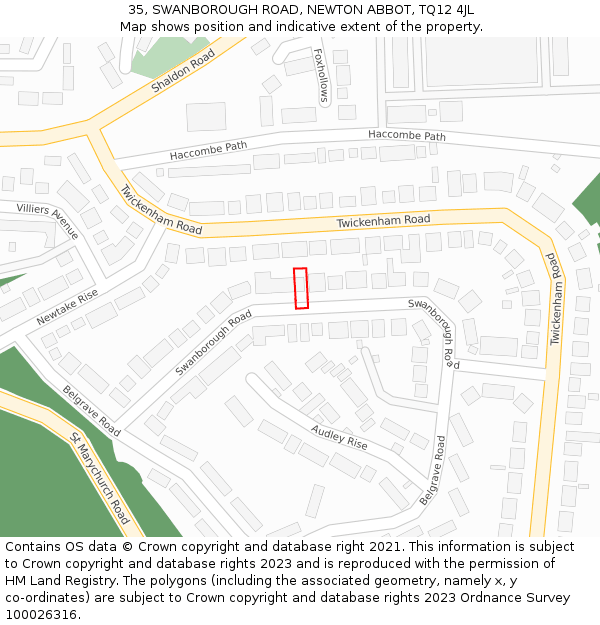 35, SWANBOROUGH ROAD, NEWTON ABBOT, TQ12 4JL: Location map and indicative extent of plot