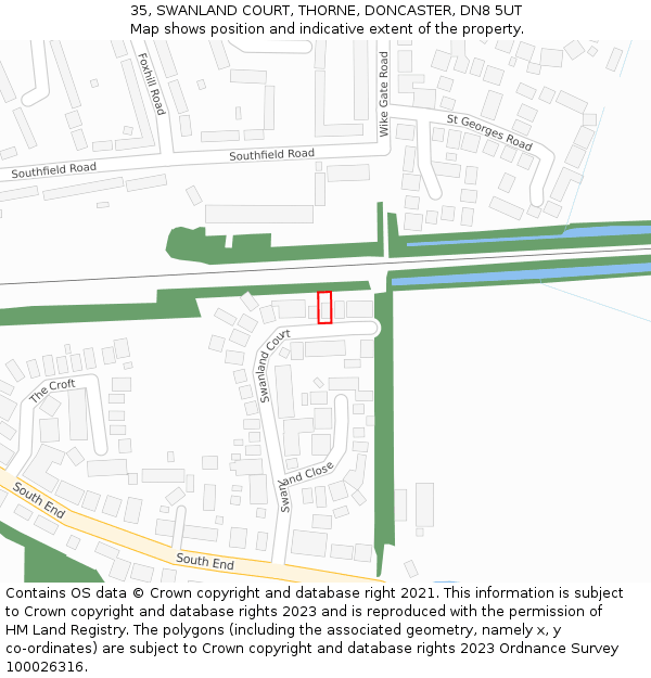 35, SWANLAND COURT, THORNE, DONCASTER, DN8 5UT: Location map and indicative extent of plot