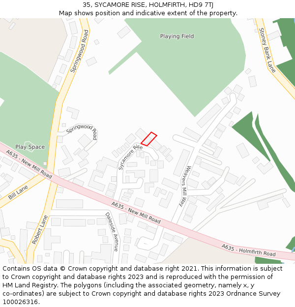 35, SYCAMORE RISE, HOLMFIRTH, HD9 7TJ: Location map and indicative extent of plot