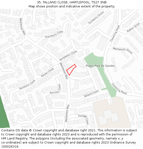 35, TALLAND CLOSE, HARTLEPOOL, TS27 3NB: Location map and indicative extent of plot