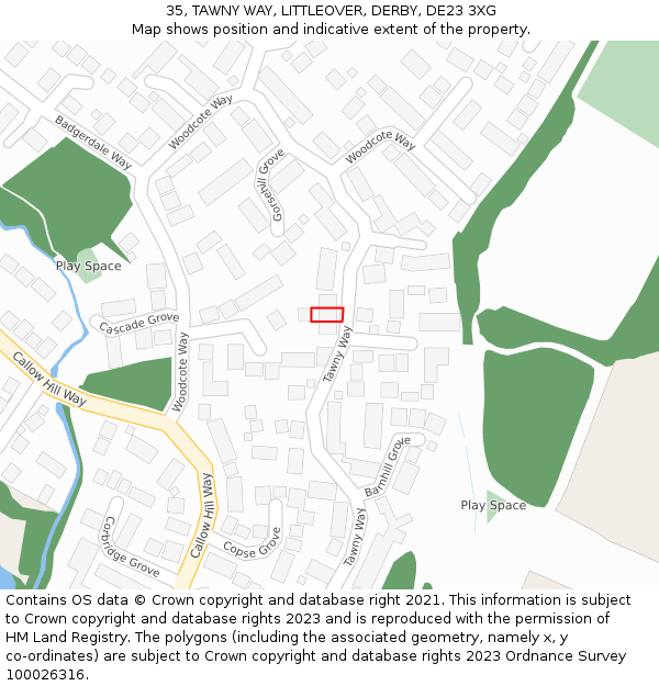 35, TAWNY WAY, LITTLEOVER, DERBY, DE23 3XG: Location map and indicative extent of plot