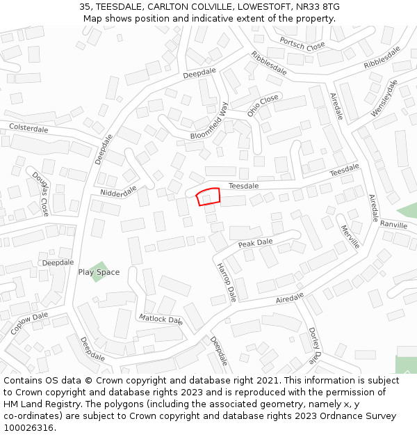 35, TEESDALE, CARLTON COLVILLE, LOWESTOFT, NR33 8TG: Location map and indicative extent of plot