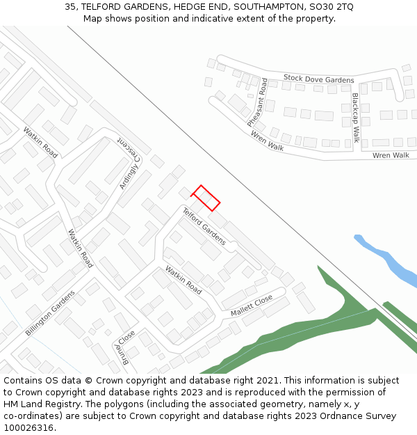 35, TELFORD GARDENS, HEDGE END, SOUTHAMPTON, SO30 2TQ: Location map and indicative extent of plot